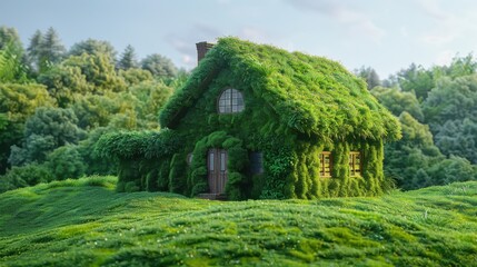 Fototapeta premium Enchanting House Covered in Lush Greenery Amidst a Serene Forest Landscape on a Sunny Day
