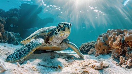 Obraz premium Tranquil Sea Turtle Resting Among Coral Formations in Natural Underwater Habitat