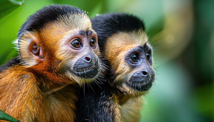 Obraz premium Capuchin monkeys in Tropical Rainforest, Colorful Interesting Plants in Background, Green Nature Wallpaper