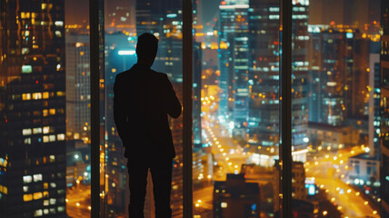 The silhouette of a man in front of a panoramic window contemplates the night metropolis. The bright lights of skyscrapers and streets create an exciting cityscape, reflecting the dynamics of modern.