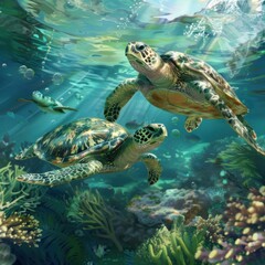 Fototapeta premium Serene Pair of Sea Turtles Gliding Through Lush Underwater Vegetation, Symbolizing Unity and Harmony with Nature