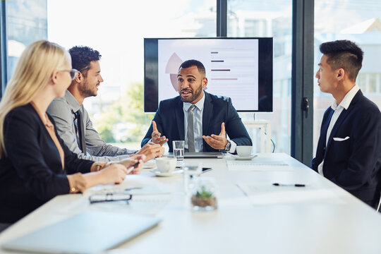 Business, man and leader in office with presentation for strategy on project proposal and pitch. People, employees and happy at boardroom for teamwork or collaboration with report and feedback