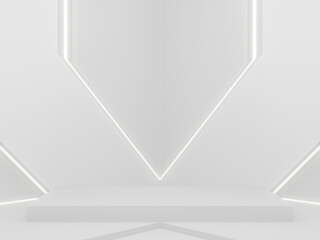 3D White Sci-Fi product podium. White room with neon lights.