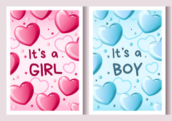 Set of baby shower invitation with hearts on a blue and pink background. It's a boy. It's a girl. Cute vector illustration