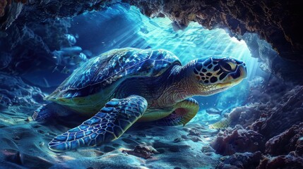 Obraz premium Deep Sea Exploration: Sea Turtle Gliding Through Underwater Caves in a Mysterious and Adventurous Setting