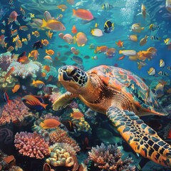 Obraz premium Serene Sea Turtle Surrounded by Vibrant Reef Fish in a Colorful Underwater Biodiversity Scene