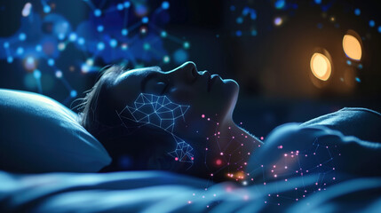Fototapeta premium Melatonin Supplement Aiding Healthy Sleep Patterns with Hologram Display, Concept of Restful Nights and Improved Sleep Cycle