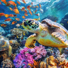 Obraz premium Colorful Underwater Biodiversity: Sea Turtle and Vibrant Reef Fish in Lively Scene