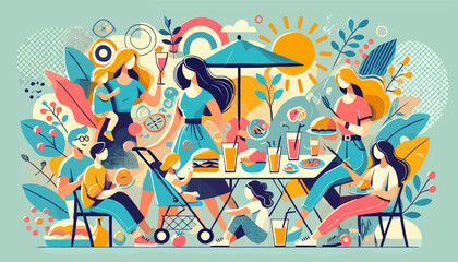 Concept of image of good friends moms and children.
Vector illustration.