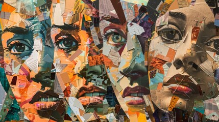 Naklejka premium Layers upon layers of fragmented faces create a haunting and unsettling effect in this eclectic collage