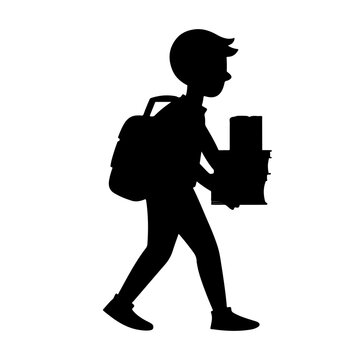 recommend clip art: Silhouette of schoolboy with backpack and books on white background