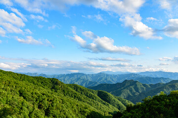 Obraz premium 御荷鉾スーパー林道展望台から見る新緑の山並み／群馬県 