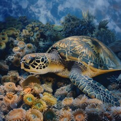 Tranquil Sea Turtle Resting Among Soft Sea Anemones in Peaceful Marine Environment