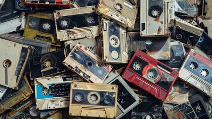 A jumbled pile of cassette tapes their faded covers depicting unsettling images.