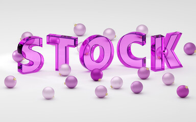 Luxury purple glass inscription stock on grey podium, soft light, smooth background, 3d rendering