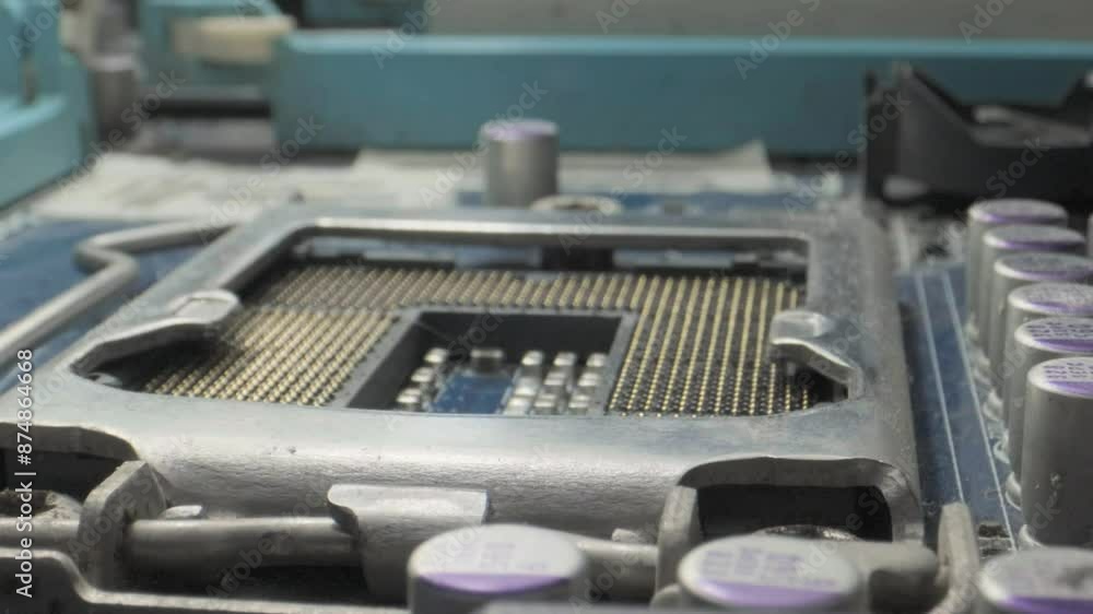 Poster pc motherboard microprocessor cpu socket contact points wide to closeup