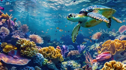 Tranquil Sea Turtle Gliding Through Lively Coral Garden - Marine Biodiversity