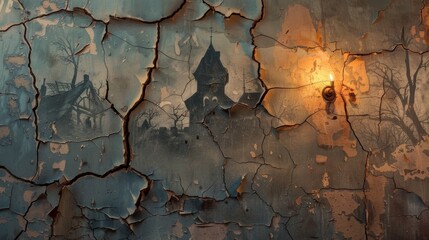 Obraz premium A cracked and peeling mural of a haunted house on the wall illuminated by a flickering strobe light