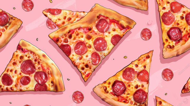 Delicious pepperoni pizza pattern on a pink background