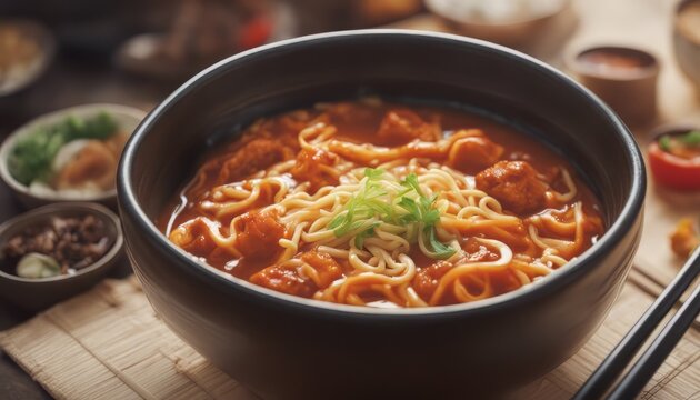 Korean instant noodle and tteokbokki in korean spicy sauce