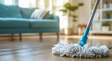 floor cleaning with mop on wooden parquet