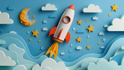 Obraz premium Paper Cutout Rocket and Moon