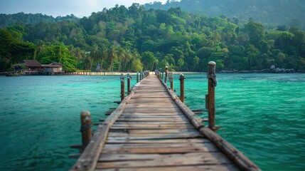 Fototapeta premium A Wooden Bridge Stretching Into The Emerald Green Sea At Koh Kood, A Tropical Island