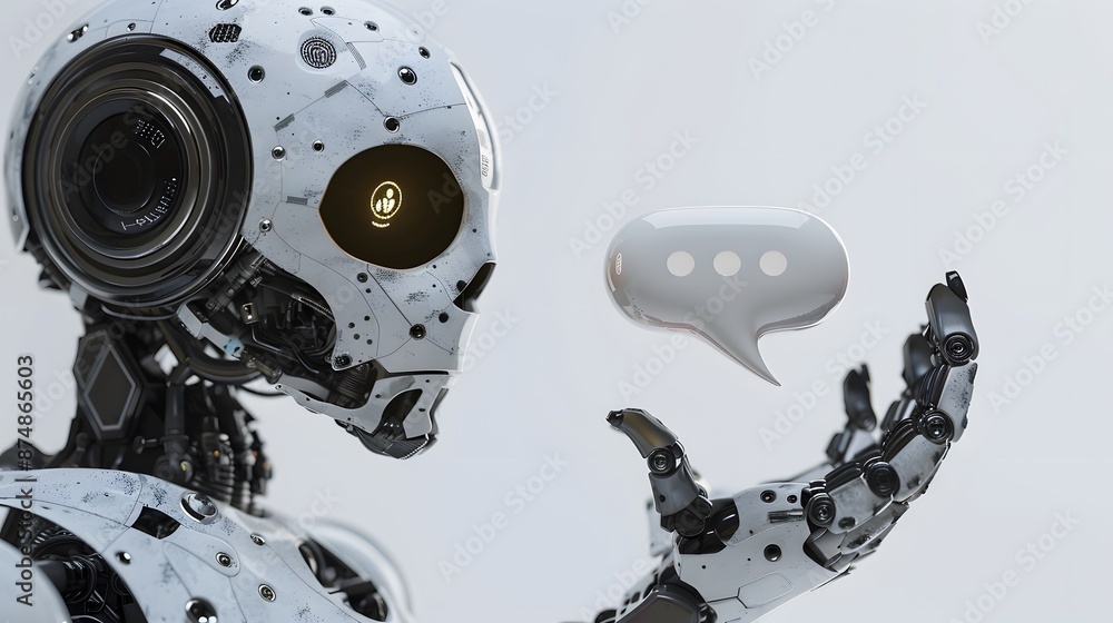 Poster a robot communicating through a digital interface, representing advanced technology and future commu