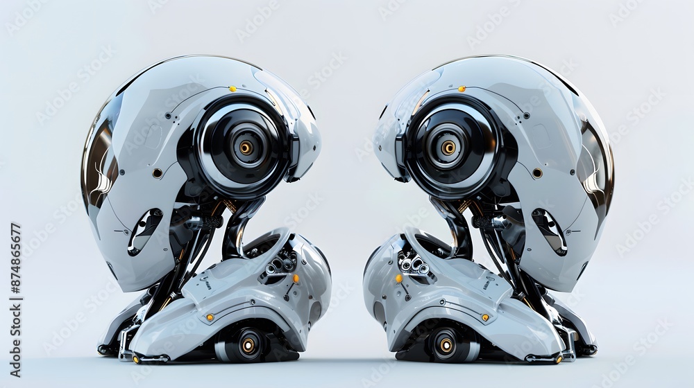 Poster two robotic heads arranged symmetrically, showcasing advanced technology and futuristic design in a 