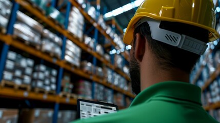 Worker using tablet in warehouse.