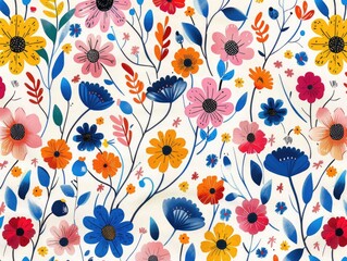 Whimsical vine flowers with bold colors and playful shapes, set on a pristine white background, creating a joyful design