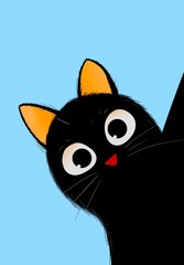 Playful Black Cat on Blue Background
