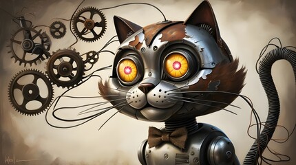 metal cat,robotic cat,cat artwork,cartoon cat,cat wallpaper,cat background,fluffy and cute anime cat,robot cat,nostalgically malfunctioning  robotic cat
