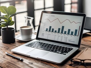 Fototapeta premium Laptop displaying data analysis and charts on a modern minimalist desk with plant