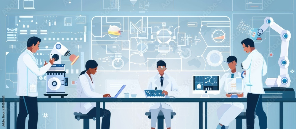 Poster cuttingedge scientists work together with stateoftheart robots in a modern and innovative laboratory
