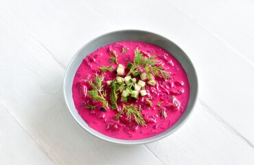 Delicious cold summer beetroot soup with cucumber and dill