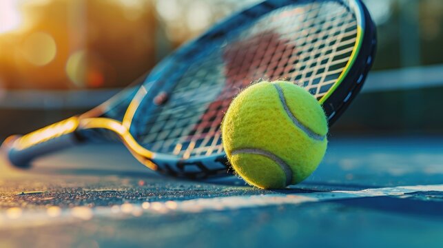 Tennis ball and racket on the tennis court, close-up, outdoor sunshine blurred background, with copy space for text, sports equipment for training, fitness, exercise at games, contests, or competition