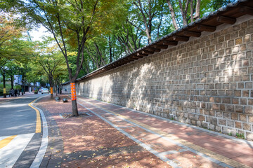 Deoksugung Stonewall Walkway, the pedestrian footpath that runs next to Deoksugung Palace in Seoul, South Korea