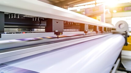 Obraz premium Professional Large Format Printer Printing a White Banner in a Modern Printing House with Rolls of Paper and Printing Materials