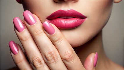 Obraz premium Vibrant pink hues adorn a solitary, elegant hand featuring flawless nails and lips, set against a neutral, blurred background.