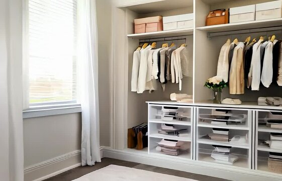Closet with clear storage boxes and pullout drawers