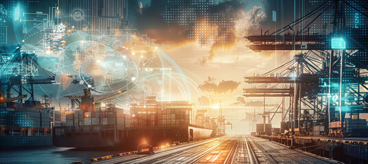 A cargo ship at port shows digital overlay of global trade connections as sun sets, casting a warm glow