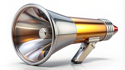 A bold, metallic megaphone with a stylized pencil icon amplified on its side, symbolizing influential announcements or creative expression.