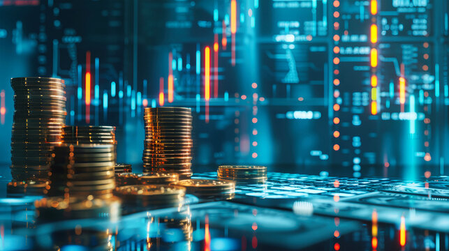 Stacks of gold coins are arranged in front of a computer screen displaying dynamic graphs, symbolizing a prosperous digital economy