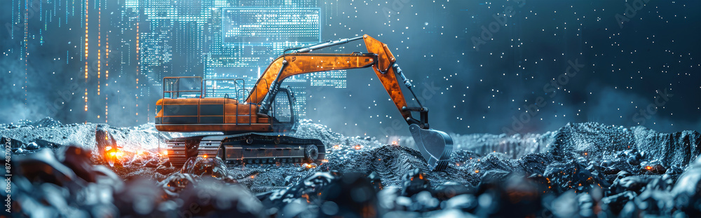 Poster an excavator works diligently in a rocky field, surrounded by data visualizations that illustrate it