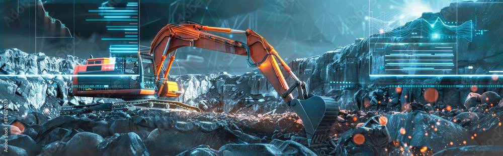 Poster an excavator digs into a field of rocks, surrounded by digital data visualizations and graphs repres