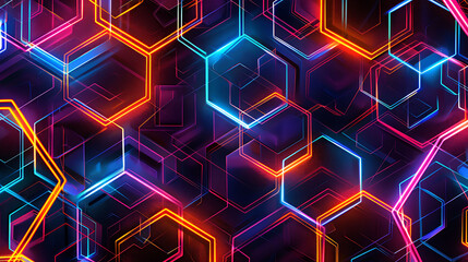 Dynamic Neon Hexagon Pattern in Orange, Blue, and Pink on Dark Background | Seamless Geometric Design for Vibrant Concepts