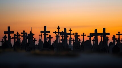 Peaceful cemetery with crosses at sunset