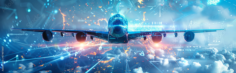 Poster in the sky, a high-tech plane emits digital data as it moves through clouds, encircled by glowing li
