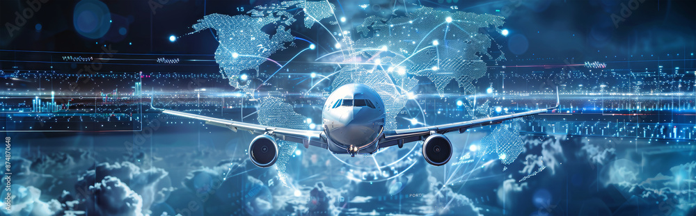 Poster a futuristic aircraft flies through a digital world map with a network of connecting lines